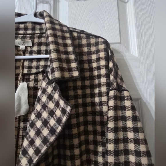 NWT Easel Oversized Flannel Trench Style Shacket, Open Front, Brown Check Plaid. - Picture 5 of 12